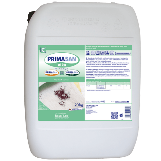 Un bac en plastique blanc de 20 kg portant l'inscription «Dr. Schnell « PRIMA SAN ALKA » de la société DR.SCHNELL GmbH & Co. KGaA, un nettoyant alcalin à usage professionnel, accompagné d'un mode d'emploi, de logos, d'une illustration représentant un chiffon sale et de consignes de sécurité pour les applications professionnelles.