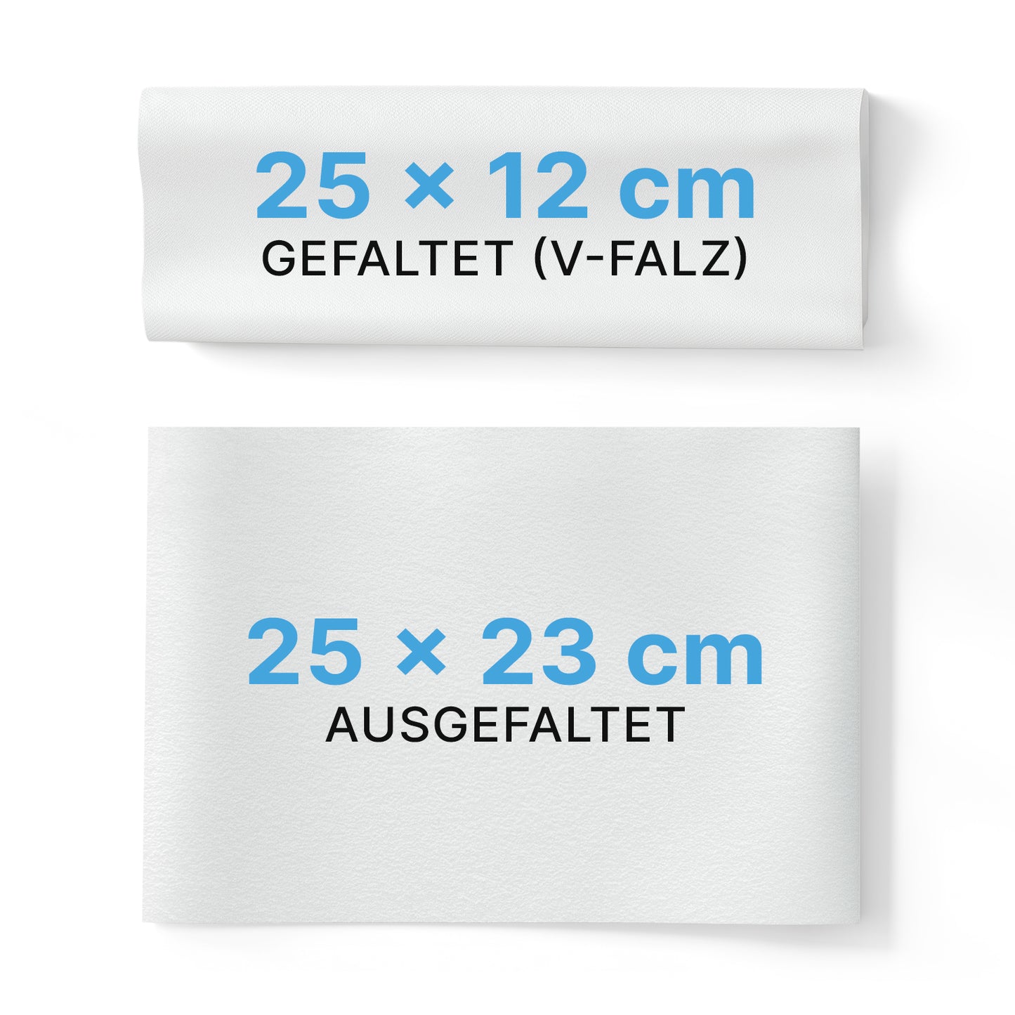 Abgebildet sind zwei ARNOMED PAPIERHANDTÜCHER (ARNOWA GmbH): einer gefaltet in V-Falz (25 × 12 cm), der andere ungefaltet (25 × 23 cm). Beide sind mit blauer und schwarzer Schrift versehen und damit ideal für Waschräume.