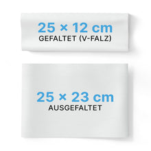 Abgebildet sind zwei ARNOMED PAPIERHANDTÜCHER (ARNOWA GmbH): einer gefaltet in V-Falz (25 × 12 cm), der andere ungefaltet (25 × 23 cm). Beide sind mit blauer und schwarzer Schrift versehen und damit ideal für Waschräume.