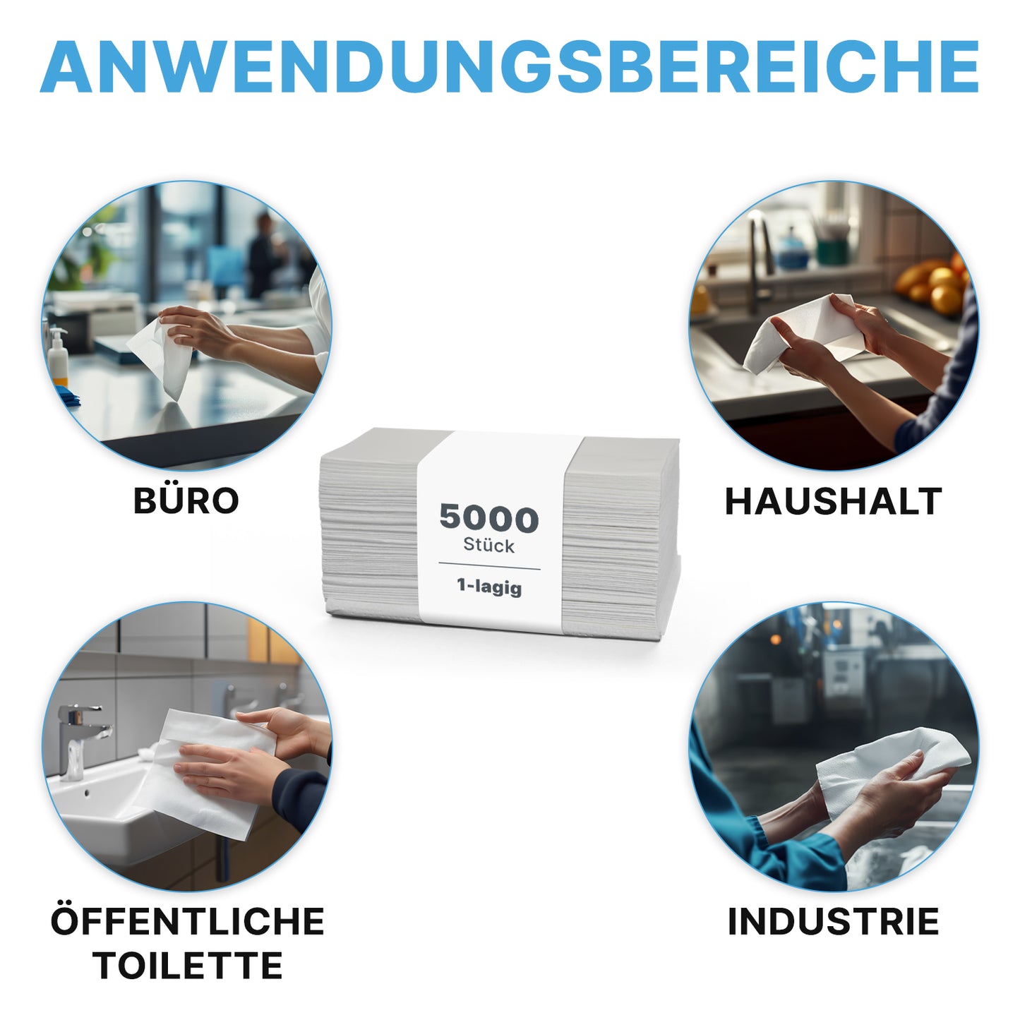 In der Mitte ist ein Stapel von 5.000 ARNOMED PAPIERHANDTÜCHER 25 x 23 cm | V-FALZ der ARNOWA GmbH abgebildet, die in Waschräumen, Büros, Wohnungen und in der Industrie eingesetzt werden - jeweils in deutscher Sprache beschriftet.