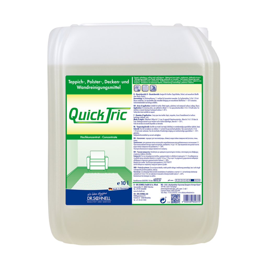 Ein 10-Liter-Kunststoffbehälter von Dr. Schnell QUICK TRIC von DR.SCHNELL GmbH & Co. KGaA, ein konzentriertes Reinigungsmittel für die professionelle Reinigung von Teppichen, Polstern, Decken und Wänden; das Etikett enthält Anweisungen und die Abbildung einer Couch und eines Teppichs.