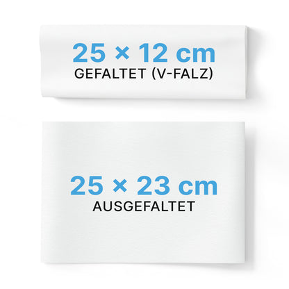 Zwei weiße ARNOMED Papierhandtücher 25 x 23 cm | V-Falz von ARNOWA GmbH: das obere ist gefaltet und mit "25 x 12 cm GEFALTET (V-FALZ)" beschriftet, das untere ist ungefaltet und mit "25 x 23 cm AUSGEFALTET" beschriftet, beide in schwarzer und blauer Schrift.