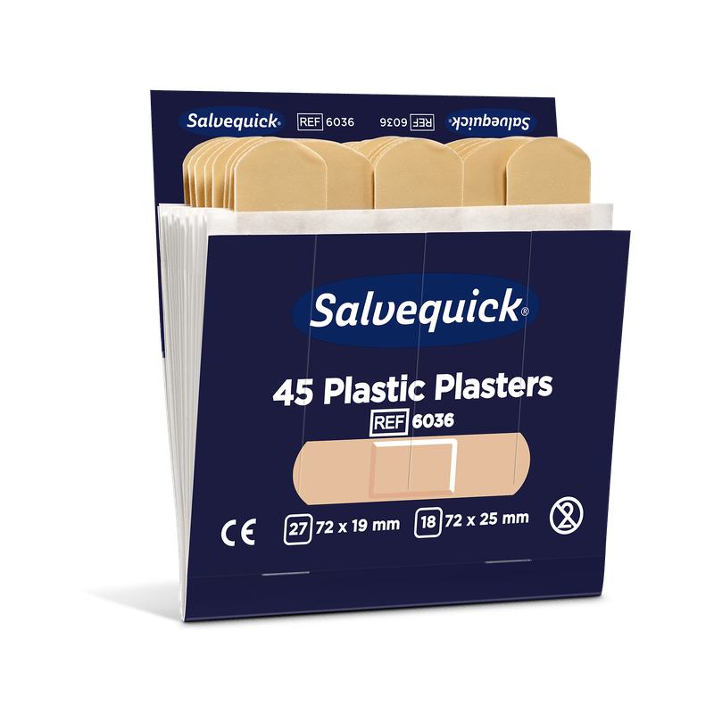 In einer teilweise geöffneten Orkla Wound Care AB Kunststoffpflaster 45 Stück/Nachfüllung (6 Stück) befinden sich 27 Pflaster von 72x19mm und 18 von 72x25mm, die eine bequeme Wundversorgung ermöglichen.