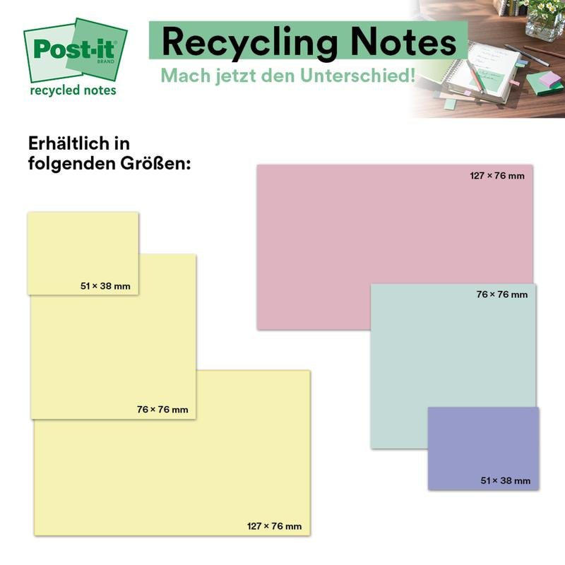Notes de recyclage Post-it® de 3M Deutschland GmbH en différentes couleurs et quatre tailles (51x38, 76x76, 127x76, 127x102 mm) avec un arrière-plan de bureau. Texte en allemand. Taille : 76 x 127 mm, 100 feuilles/bloc, 100% PEFC.