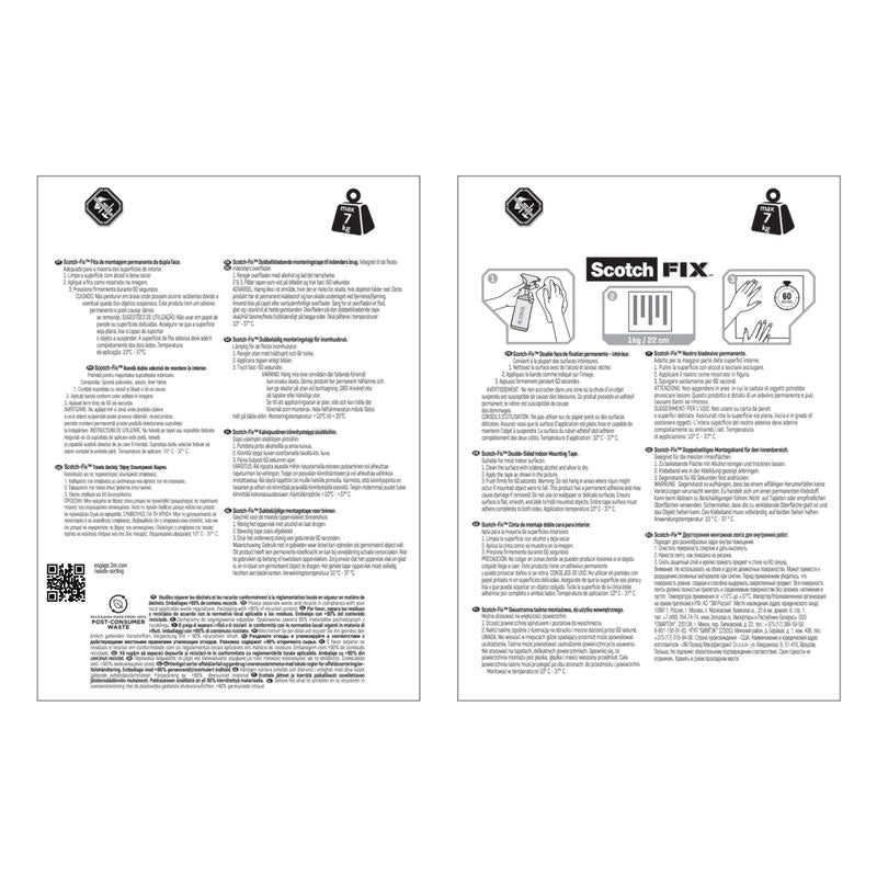 Deux feuilles d'instructions pour le ruban de montage intérieur double face Scotch-FIX™ de 3M Deutschland GmbH, avec des étapes de travail multilingues, des diagrammes d'application, des conseils d'application et du texte noir et blanc dense avec des symboles.