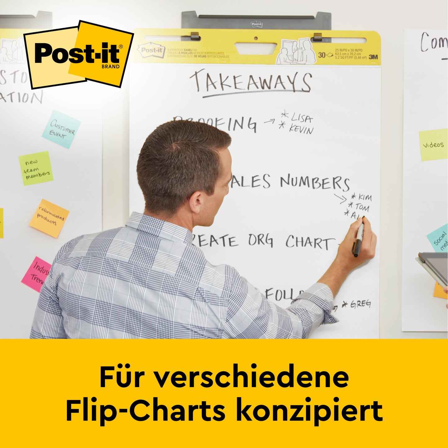 Ein Mann schreibt mit einem Marker auf ein 3M Post-it® Super Sticky selbsthaftendes Meeting Chart/Flipchart mit Aufsteller (58,4x50,8 cm, 20 Blatt), beschriftet mit "TAKEAWAYS" und bedeckt mit Haftnotizen. Der deutsche Text lautet: Für verschiedene Flip-Charts konzipiert.