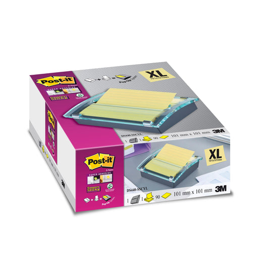 Der Post-it® Z-Notes Dispenser XL (Schwarz) von 3M Deutschland GmbH enthält 90 linierte, gelbe Super-Haftnotizen (101 x 101 mm) in einer Packung, mit Produktbildern und Branding auf der Schachtel.