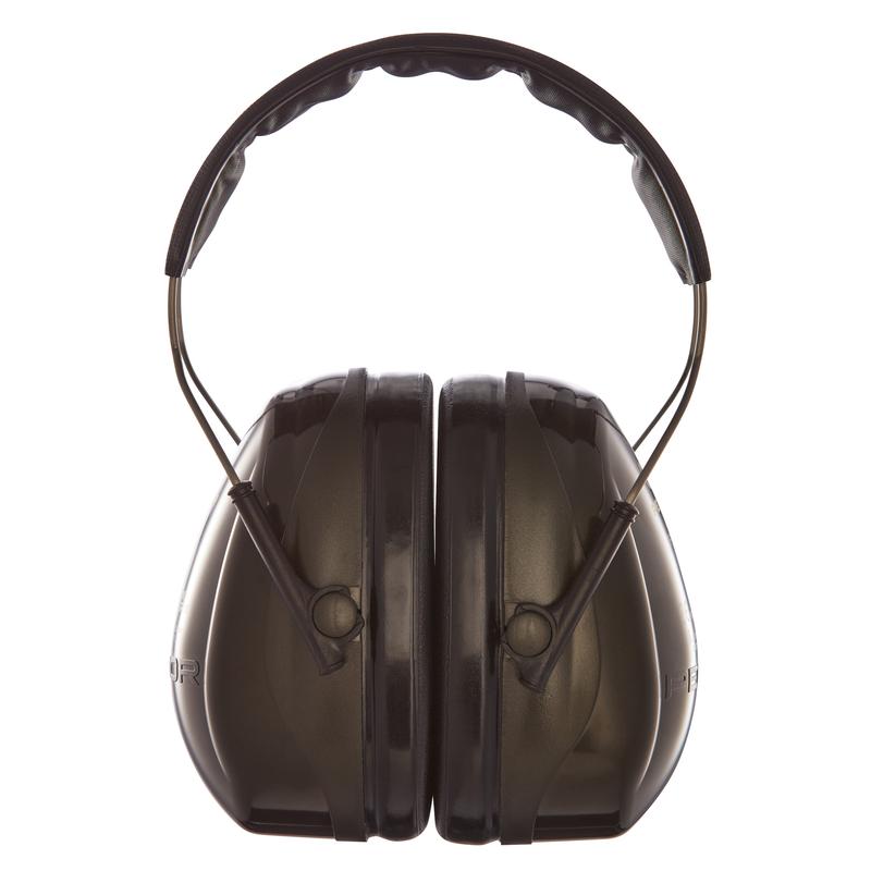 Ein grüner 3M™ PELTOR™ Optime™ II Kapselgehörschutz H520A (SNR 31 dB) von 3M Deutschland GmbH, hier frontal mit gepolstertem Kopfband und verstellbaren Metallbügeln, bietet zuverlässigen Gehörschutz. Packung: 1 Stück.