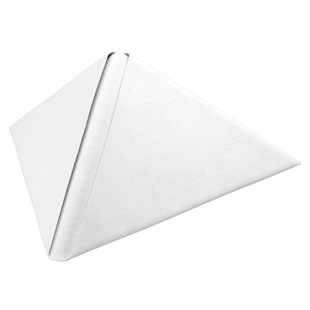 Une serviette Duni Dunilin® pliée en triangle 48 x 48 cm blanche de Duni GmbH se détache du fond blanc et met en valeur sa texture semblable à du tissu et son motif subtil.