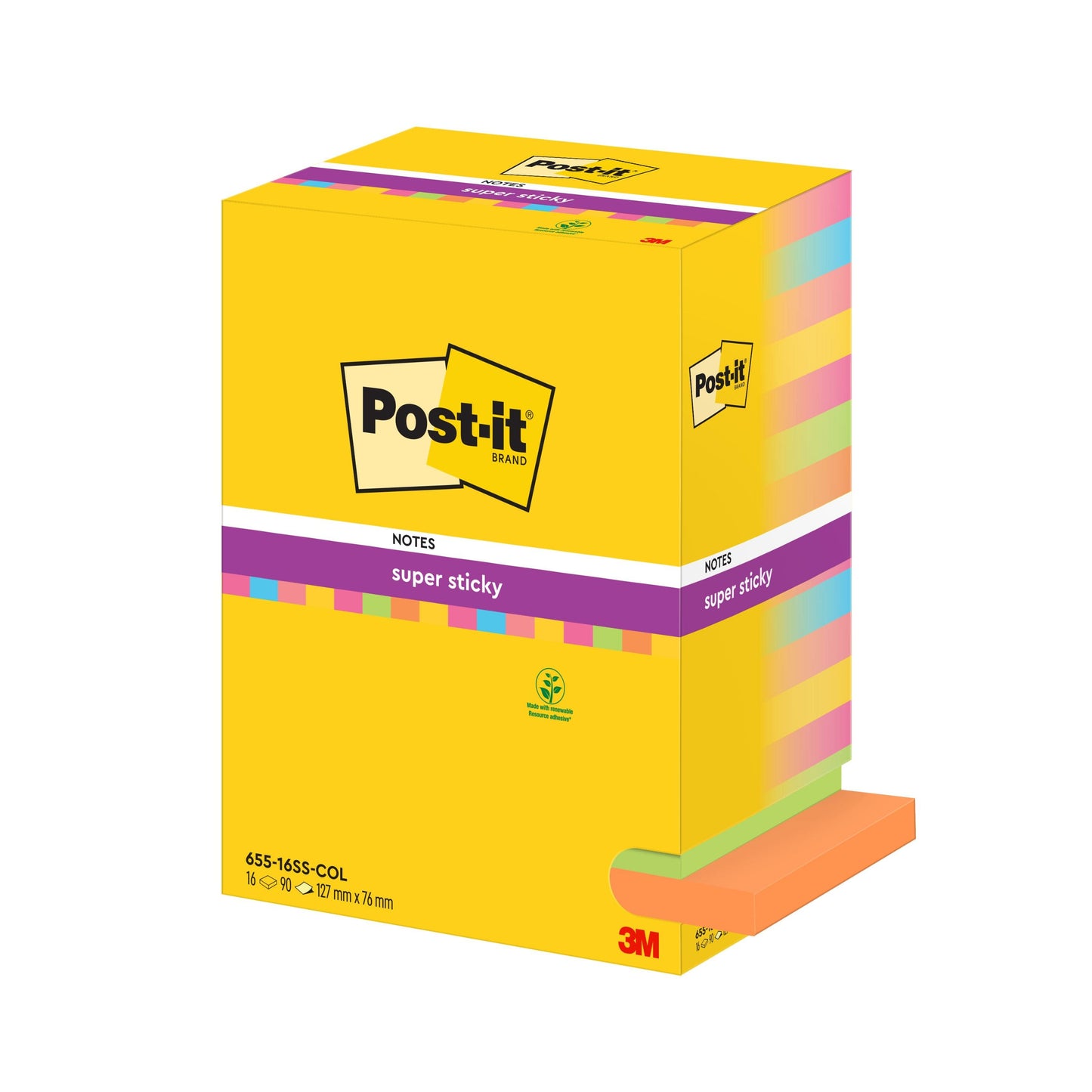 Eine Packung Post-it® Super Sticky Notes von 3M Deutschland GmbH, Verschiedene Farben, 76x127mm, 90 Blatt/Block, 16 Blöcke/Packung, 100% PEFC. Auf der Verpackung sind das Post-it-Logo und die Produktangaben abgebildet.
