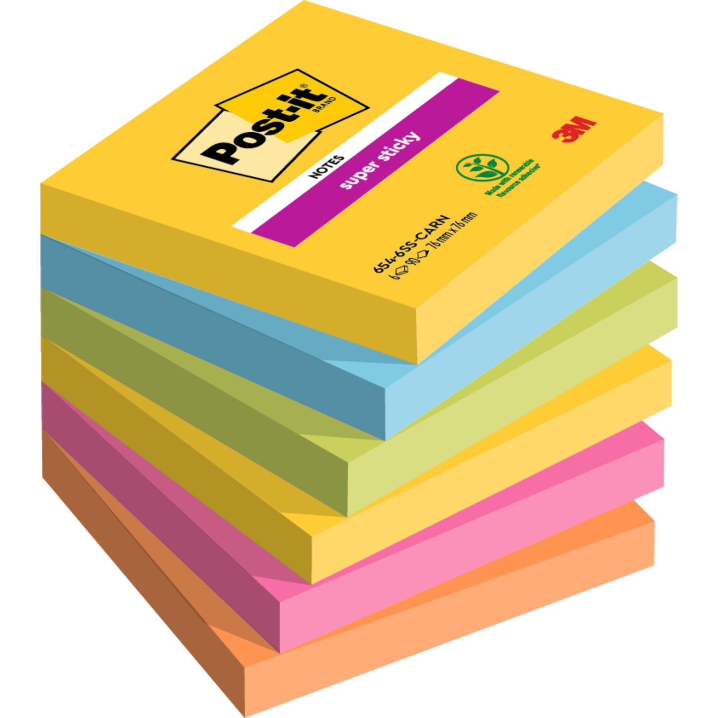 Une pile de sept Post-it® Super Sticky Notes, 76 mm x 76 mm, 90 feuilles/bloc, de différentes couleurs, le bloc jaune supérieur montrant le logo Post-it et le logo 3M. Fabriqué par 3M Deutschland GmbH, 100% certifié PEFC.