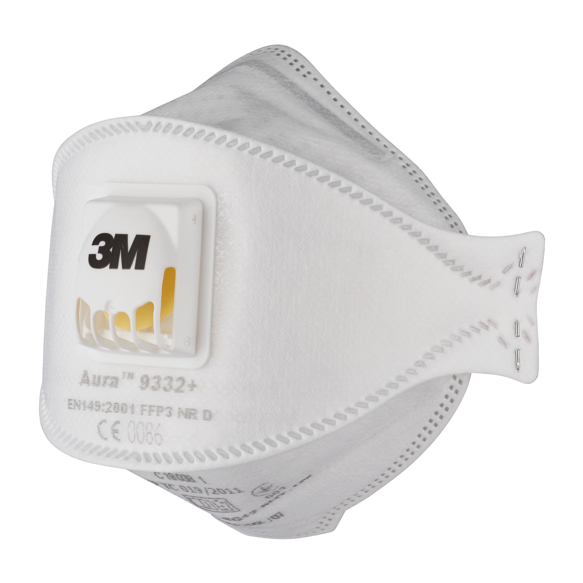 Die 3M™ Aura™ Comfort Cool Flow™ Partikelmaske 9332+, FFP3, mit Ventil von 3M Deutschland GmbH ist eine weiße Gesichtsmaske mit gelbem Ausatemventil, geformt für Nase und Mund und mit aufgedruckten Produkt- und Zertifizierungsangaben.