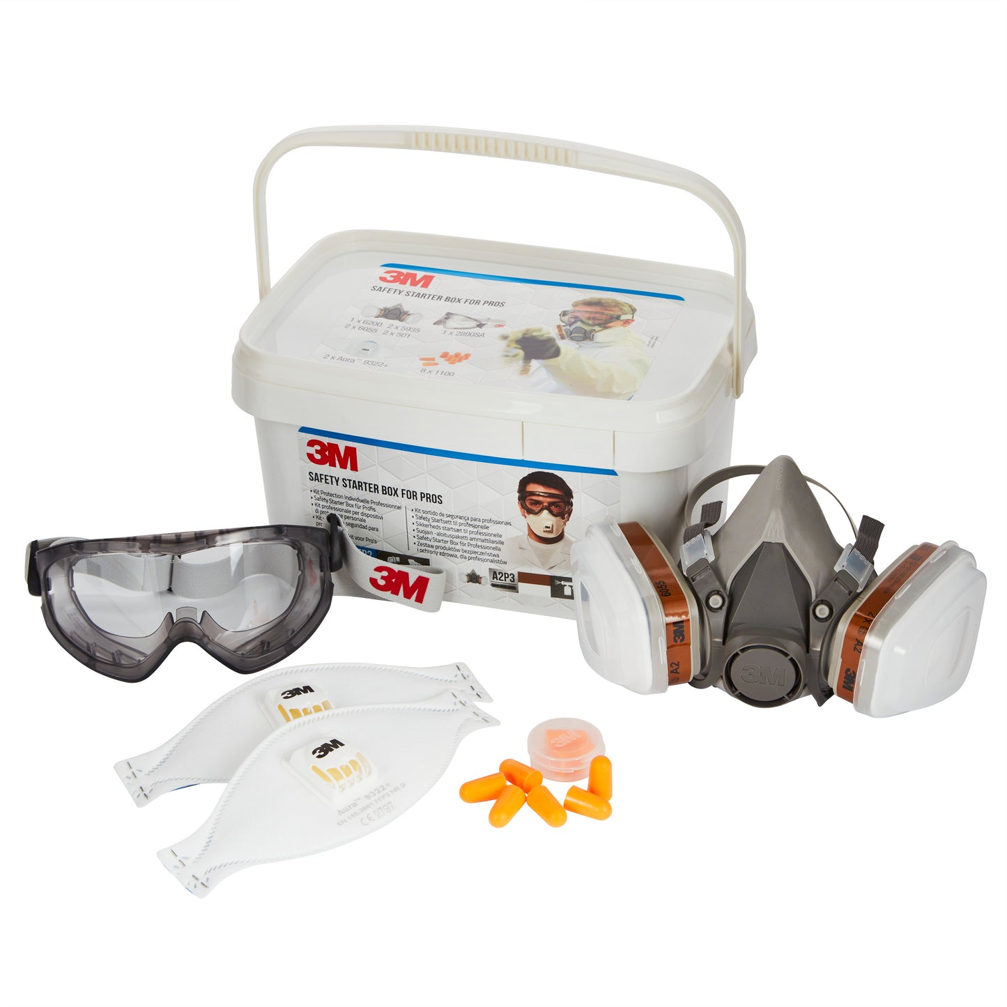 La boîte de démarrage de protection 3M™ pour professionnels 1000MCWE de 3M Deutschland GmbH contient un masque respiratoire réutilisable, des lunettes de protection, un masque jetable, des bouchons d'oreilles en mousse orange et un étui blanc avec des informations et des illustrations sur le produit.