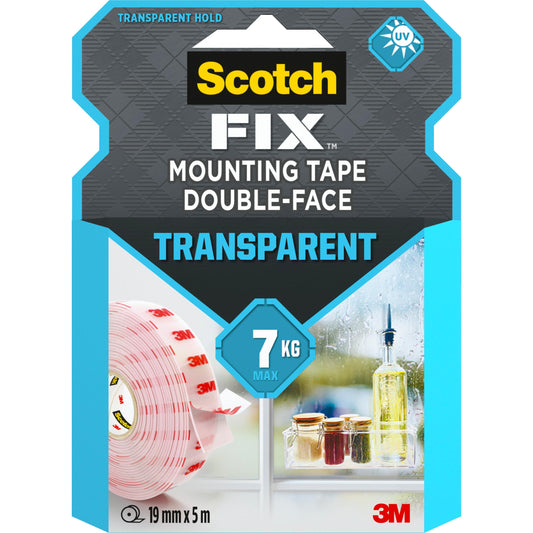Scotch-FIX™ Transparentes doppelseitiges Montageband 4910C von 3M Deutschland GmbH, 19 mm x 5 m, hält bis zu 7 kg. Die Verpackung zeigt eine Rolle Klebeband und Gläser auf einem Fensterbrett.