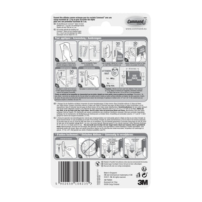 Die Command™ Strips 17021B, wasserfest (Größe M, 10/Packung) von 3M Deutschland GmbH verfügen über illustrierte Anwendungshinweise, Sicherheitshinweise, mehrsprachigen Text, Barcode und das 3M-Logo-ideal zur Befestigung ohne Bohren im Badezimmer.