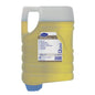 Eine 4-Liter-Kartusche Diversey Suma Unison Brite A1 Saurer Klarspüler, mit eingebautem Griff und gelber Flüssigkeit, mit blau-weißem Etikett, das die Formel für streifenfreie Ergebnisse beschreibt - ideal für die Gastronomie.