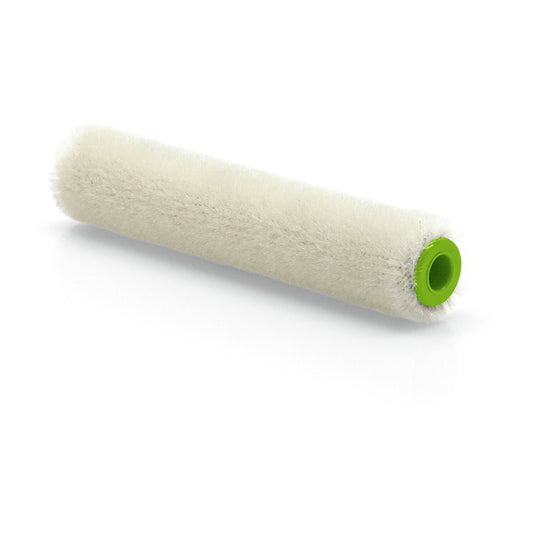 Le rouleau à peinture Nölle Profi Brush en mohair de 10 cm (hauteur des poils : 4 mm), fabriqué par Nölle Profi Brush Bürsten- & Pinseltechnik e.K., est idéal pour les surfaces lisses. Il est doté d'une enveloppe cylindrique blanche avec un noyau en plastique vert sur fond blanc.