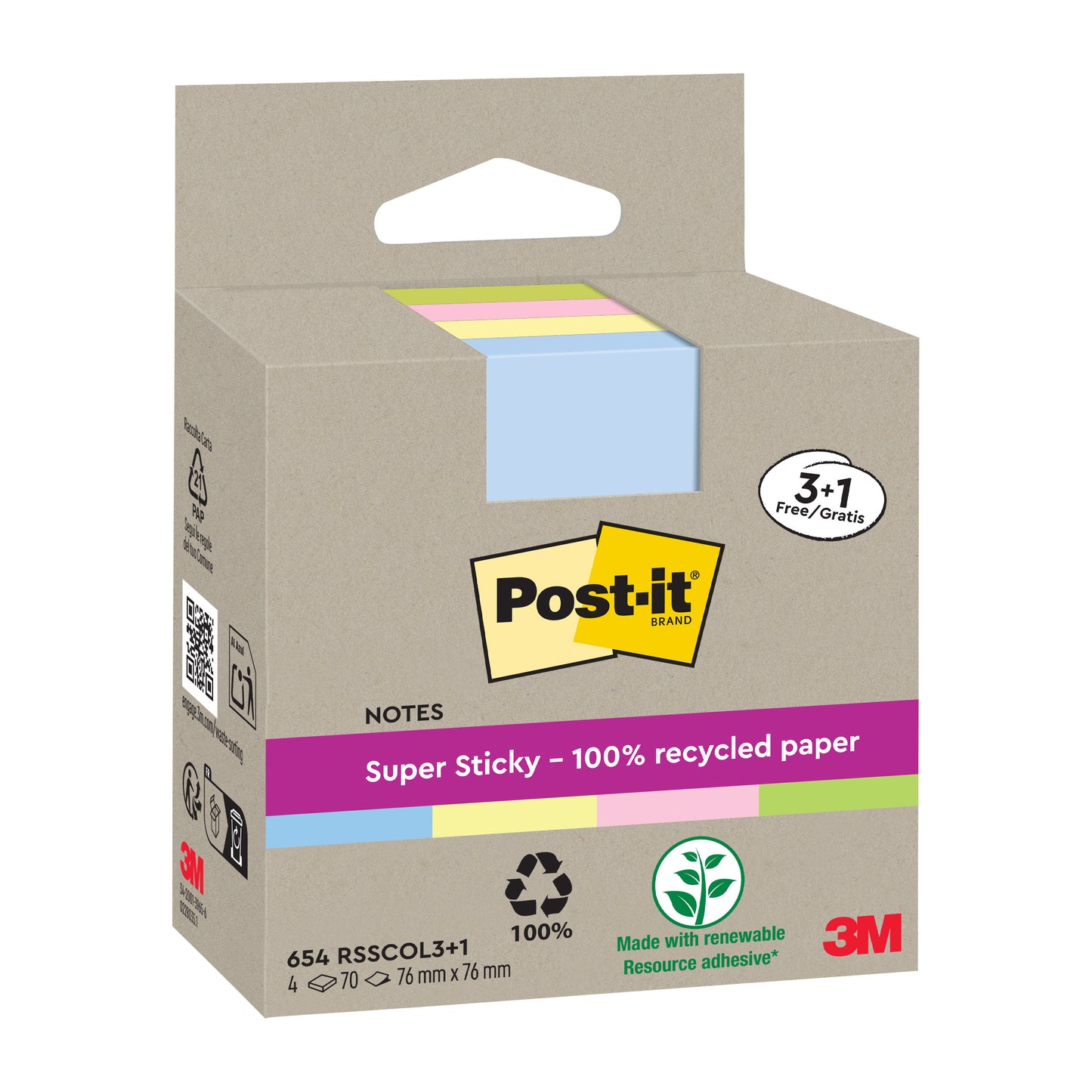 Eine Packung 3M Post-it® Super Sticky Recycling Notes, 76x76 mm, 70 Blatt/Block, aus 100% PEFC-zertifiziertem Recyclingpapier, pastellfarben. Werbeaktion: 3 kaufen, 1 gratis. Mit erneuerbarem Klebstoff für starken Halt.