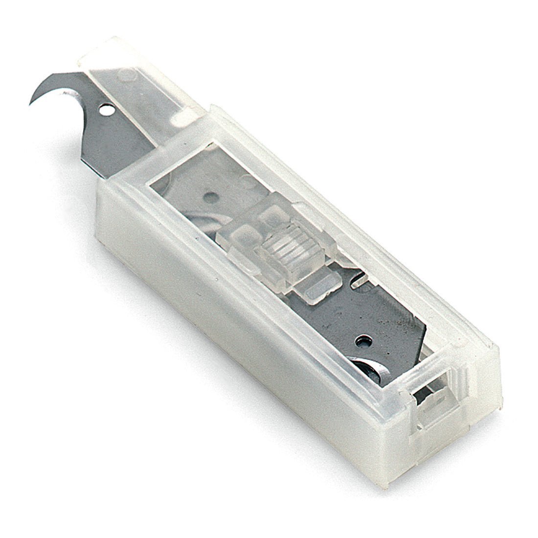 Un gros plan du distributeur de brosses Nölle Profi avec 10 lames de rechange, forme de crochet de Nölle Profi Brush Bürsten- & Pinseltechnik e.K., où l'une des lames de rechange est visible dans le conteneur en plastique transparent.