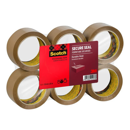 Six rouleaux de ruban adhésif d'emballage Scotch® pour une fermeture sécurisée (50 mm x 66 m) de 3M Deutschland GmbH sont enveloppés dans du plastique et portent sur le devant une étiquette avec le logo 3M et les informations sur le produit.