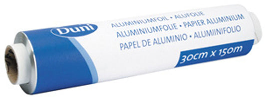 Eine Rolle Aluminiumfolie, Nachfüllrolle Silber ALU der Duni GmbH in weiß-blauer Verpackung, beschriftet mit "30cm x 150m" und Angaben in mehreren Sprachen - ideal als Nachfüllrolle für die Küche.