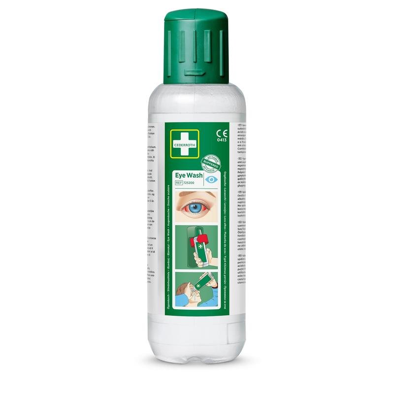 Bouteille en plastique blanche avec bouchon vert et l'inscription "Cederroth rinçage oculaire 2 x 500 ml, paquet de 2" de Orkla Wound Care AB. L'étiquette contient un œil illustré, des instructions, des informations sur le produit et une certification pour une réaction rapide en cas d'accidents oculaires.