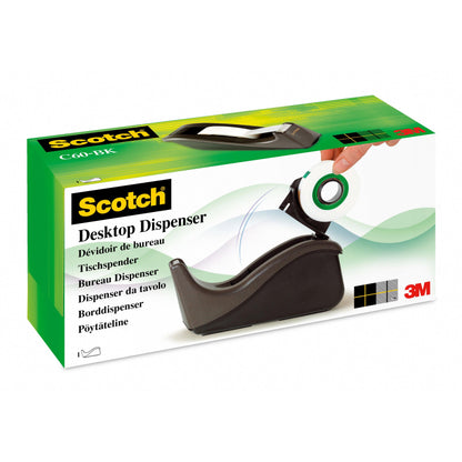 Une boîte de dévidoir de ruban adhésif Scotch™ C60 + ruban adhésif invisible Scotch® Magic™ (19 mm x 33 mm) de 3M Deutschland GmbH montre un dévidoir noir avec ruban adhésif, des informations en plusieurs langues et le logo 3M en bas à droite.