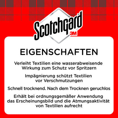 Das Produktetikett des Scotchgard™ Textilien-Imprägnierspray (400 ml, 3M Deutschland GmbH) zeigt das Scotchgard 3M Logo und eine deutschsprachige Beschreibung zu wasserabweisendem Schutz, Fleckenabwehr und Atmungsaktivität.