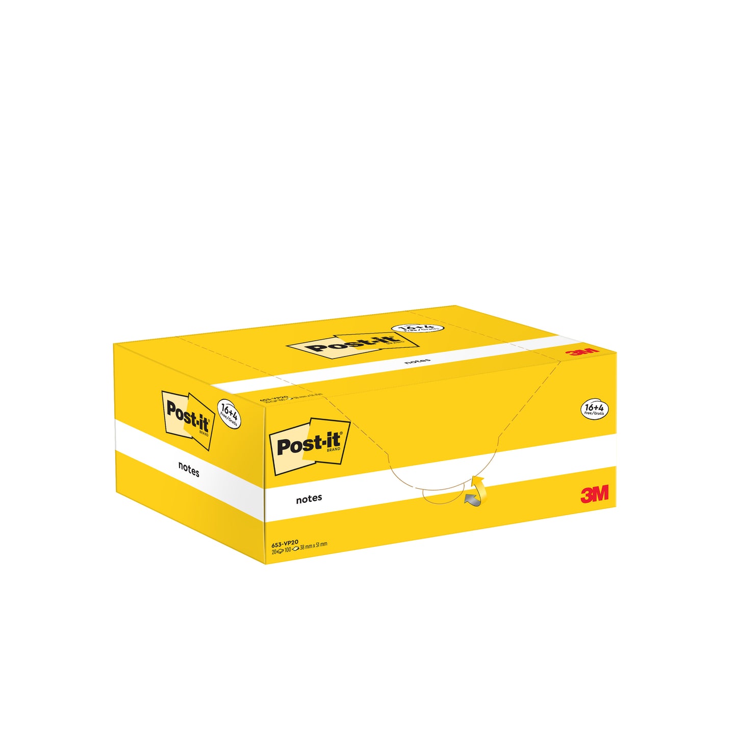 Abgebildet ist eine gelb-weiße Promotion-Packung von Post-it® Notes (3M Deutschland GmbH), gelb, 38x51mm, 100 Blatt/Block, 16 Blöcke + 4 gratis, 100% PEFC-zertifiziert (SGSCH-PEFC-COC-110078), vor einem weißen Hintergrund.