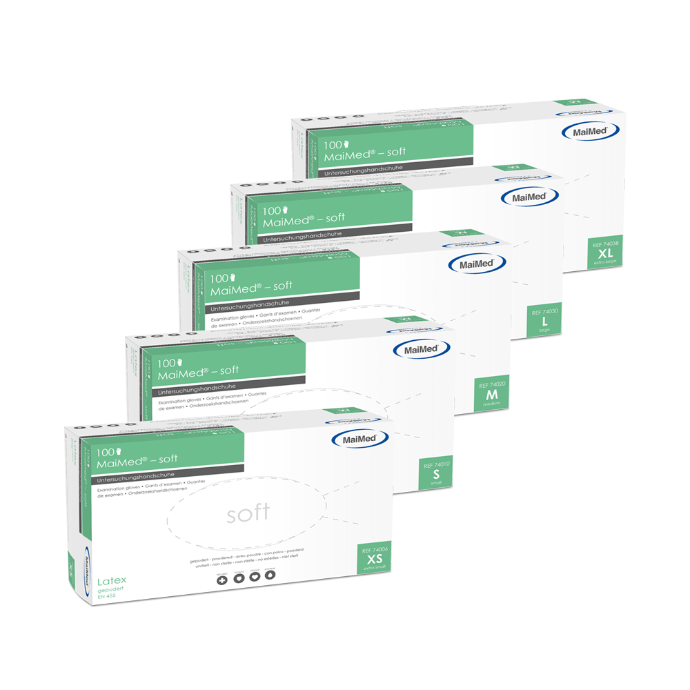 Gants d'examen MaiMed-soft en latex, non stériles, poudrés, 100 pièces/boîte