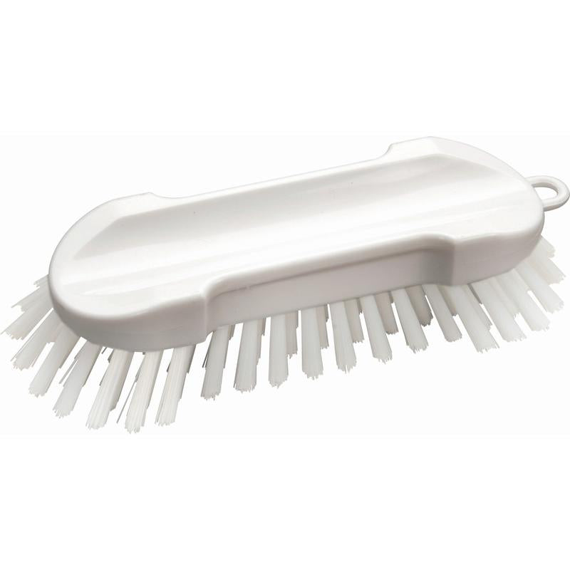 La brosse à laver Diversey, blanche, dure (190x65x30 mm), sans manche, de Diversey Deutschland GmbH & Co. OHG convainc avec des poils durs et une poignée courbée - idéale pour un nettoyage efficace, photographiée sur un fond blanc simple.