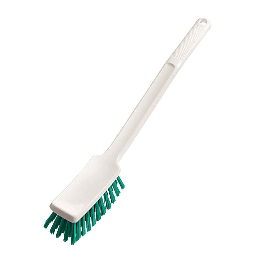 La brosse à manche 400x48x35 mm, dure de Diversey Deutschland GmbH & Co. OHG est une brosse de nettoyage blanche en plastique avec des poils durs verts, un long manche et un trou de suspension, illustrée sur un fond blanc simple.