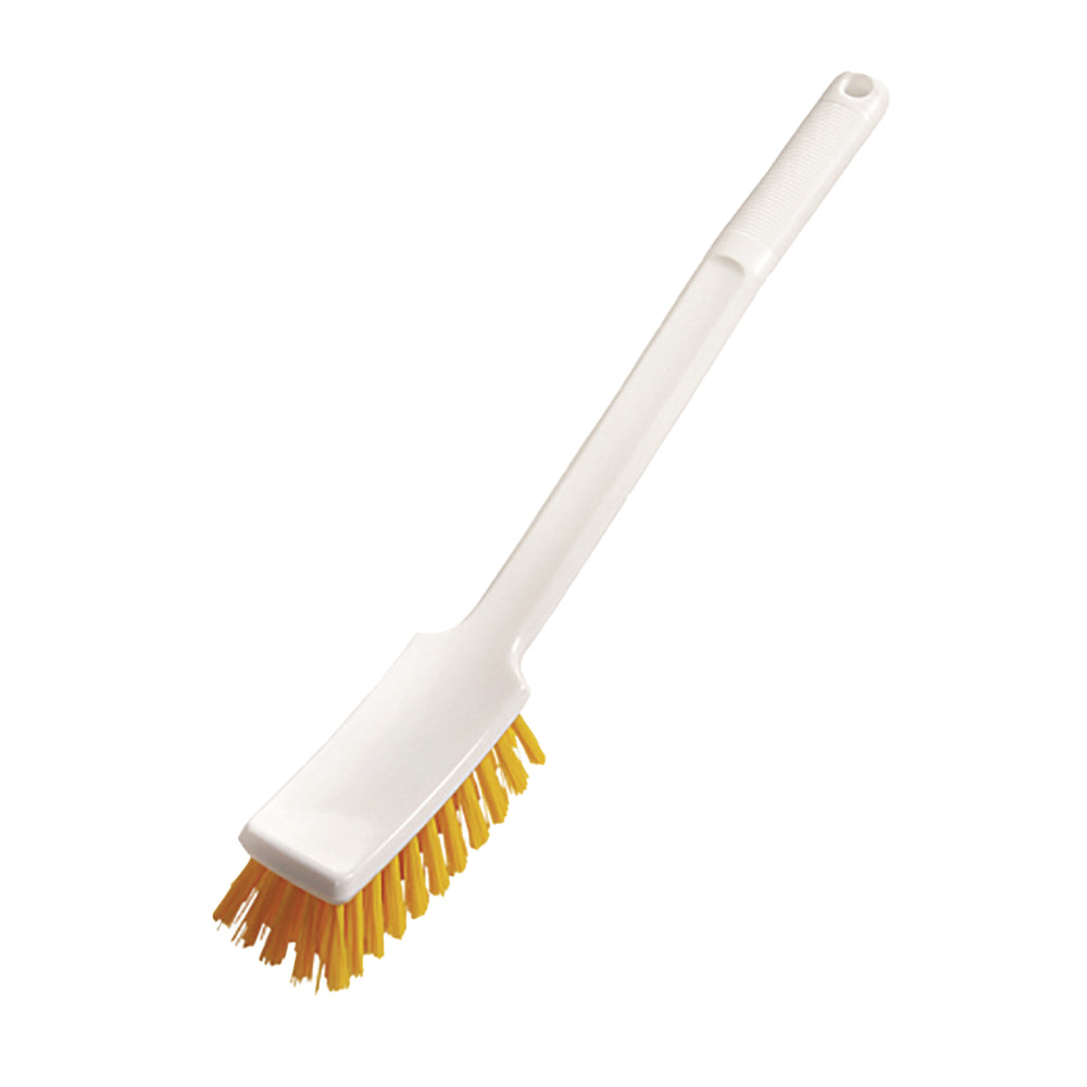 La brosse à manche 400x48x35 mm, dure de Diversey Deutschland GmbH & Co. OHG dispose d'un manche blanc et d'une tête rectangulaire jaune avec des poils durs, illustrée devant un fond blanc.