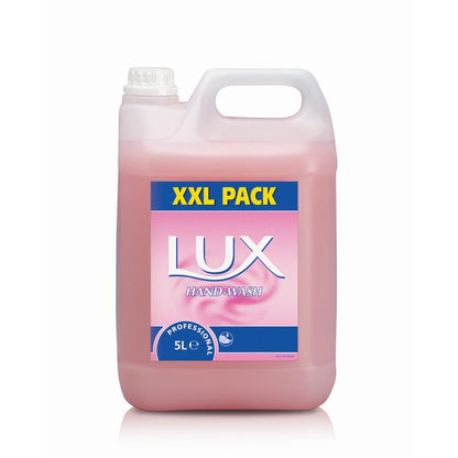 Un conteneur en plastique de 5 litres avec du savon pour les mains rose LUX Pro Formular de Diversey Deutschland GmbH & Co. OHG, avec une poignée et un bouchon à vis en haut à gauche, sur fond blanc.