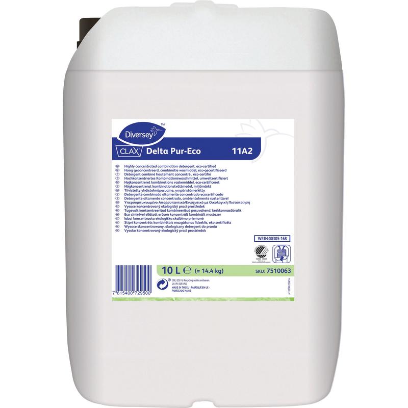 Un bidon de 10 litres en plastique blanc de Diversey Clax Delta PE 11A2, un détergent combiné hautement concentré pour le linge coloré. Avec une étiquette d'information sur le produit avec code-barres et un couvercle noir en haut à gauche. Marque : Diversey Deutschland GmbH & Co. OHG.
