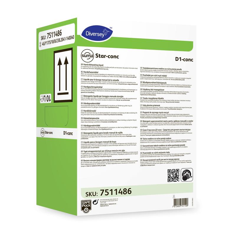 Eine grün-weiße rechteckige Dose mit der Aufschrift "Suma Star-conc D1 conc, hochkonzentriertes Handgeschirrspülmittel" (10 l) der Diversey Deutschland GmbH & Co. OHG mit schwarzem Text, Symbolen und Barcodes für eine effektive Reinigung.