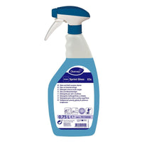 Un vaporisateur blanc et bleu « TASKI Sprint Glass », nettoyant pour vitres et surfaces de la société Diversey Deutschland GmbH & Co. OHG, d'une contenance de 0,75 l, pour un nettoyage sans traces, avec les informations sur le produit et le mode d'emploi figurant sur l'étiquette.