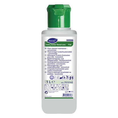 Une bouteille blanche de 1 litre de TASKI Jontec Tensol Nettoyant Haute Concentration de Diversey Deutschland GmbH & Co. OHG, un nettoyant pour sols concentré avec un bouchon vert et un mode d'emploi multilingue sur l'étiquette avant.