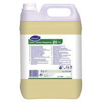 Ein 5-Liter-Kanister Diversey TASKI Jontec Deepstrip, ein leistungsstarker lösemittelhaltiger Reiniger für Linoleumböden, von Diversey Deutschland GmbH & Co. OHG, mit Griff und Schraubverschluss, weiß-grünes Etikett in verschiedenen Sprachen.