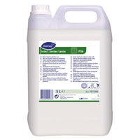 Un bidon de 5 litres de Diversey TASKI Jontec Lenio, une dispersion de cire sans solvant destinée à l'entretien des revêtements en bois, fabriquée par Diversey Deutschland GmbH & Co. OHG, muni d'une poignée, d'un bouchon à vis et d'une étiquette multilingue.