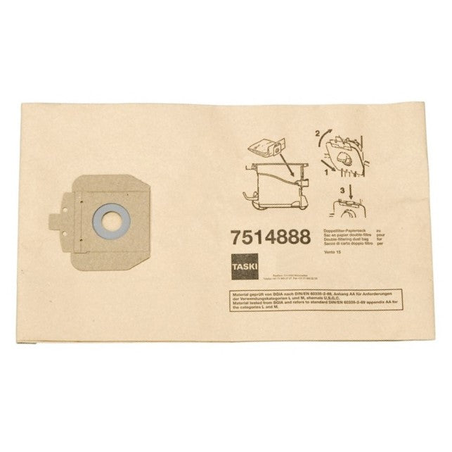 Le sac en papier à double filtre 15 l de Diversey Deutschland GmbH & Co. OHG (paquet de 10), pour TASKI Vento 15S, dispose d'une double filtration et est livré dans un sac rectangulaire avec des instructions de montage illustrées, étiqueté "TASKI 7514888".