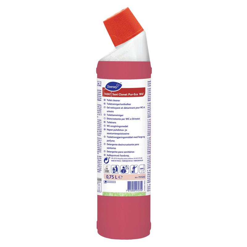 La bouteille rouge TASKI Sani Clonet Pur‑Eco WC‑Reiniger de Diversey Deutschland GmbH & Co. OHG avec un bouchon à angle blanc-rouge contient 0,75 litre. L'étiquette contient des informations multilingues. La formule écologique assure une propreté hygiénique.