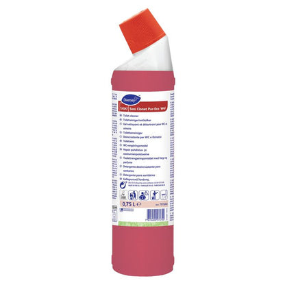 La bouteille rouge TASKI Sani Clonet Pur‑Eco WC‑Reiniger de Diversey Deutschland GmbH & Co. OHG avec un bouchon à angle blanc-rouge contient 0,75 litre. L'étiquette contient des informations multilingues. La formule écologique assure une propreté hygiénique.