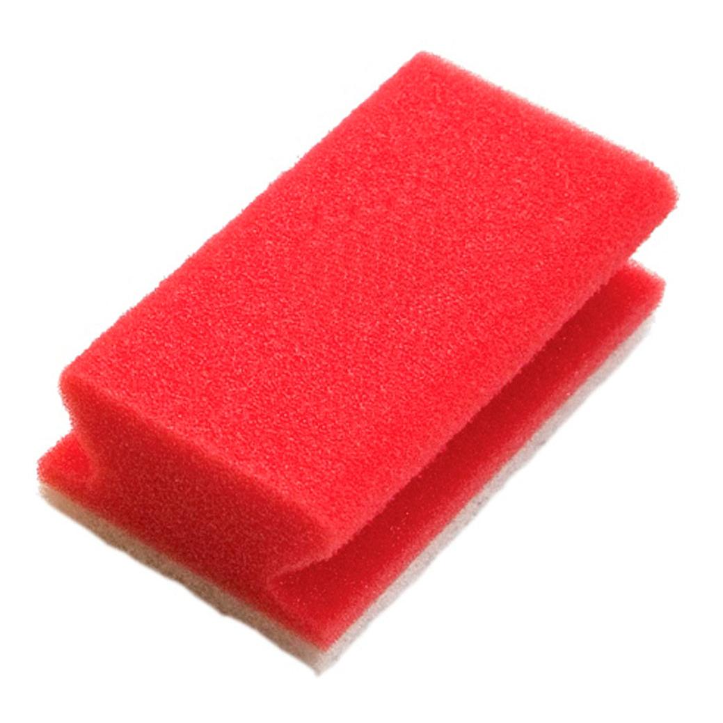 Un tampon éponge rectangulaire rouge TASKI 10 pièces de Diversey Deutschland GmbH & Co. OHG, avec une rainure centrale, sur fond blanc - idéal comme outil de nettoyage pour un nettoyage efficace.