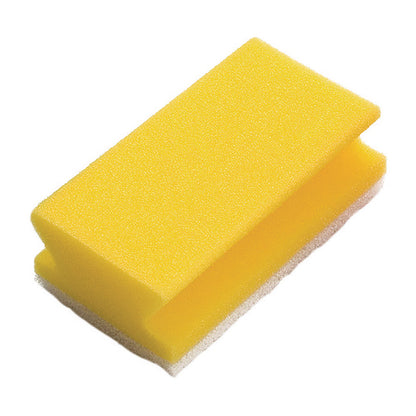 Le tampon éponge TASKI 10 pièces de Diversey Deutschland GmbH & Co. OHG est une éponge de cuisine rectangulaire jaune avec un tampon abrasif blanc, représentée sur un fond blanc simple.