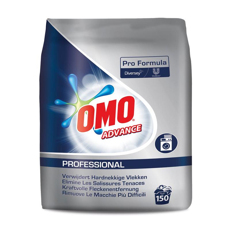 Ein 14 kg-Sack OMO Professional Advance Vollwaschmittel Pulver von Diversey Deutschland GmbH & Co. OHG, für 150 Wäschen, entfernt hartnäckige Flecken, sorgt für strahlende Reinheit, und ist ideal für professionelle Umgebungen.