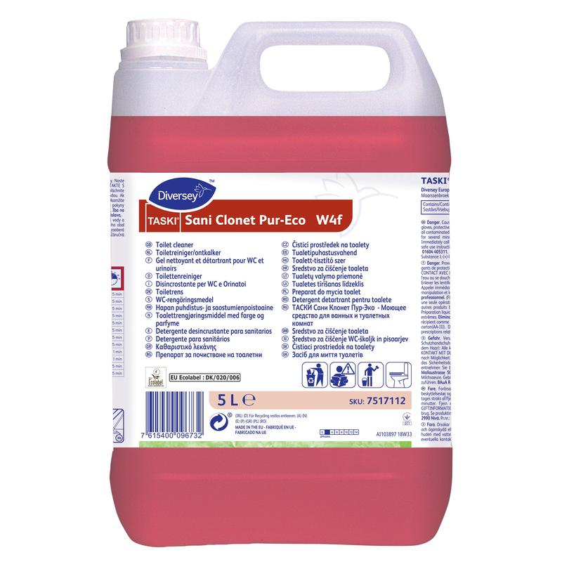 Un conteneur de 5 litres TASKI Sani Clonet Pur-Eco WC-Reiniger de Diversey Deutschland GmbH & Co. OHG dispose d'une étiquette blanche multilingue et d'un liquide rouge et assure une propreté hygiénique avec sa formule écologique.