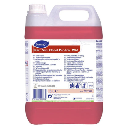 Un conteneur de 5 litres TASKI Sani Clonet Pur-Eco WC-Reiniger de Diversey Deutschland GmbH & Co. OHG dispose d'une étiquette blanche multilingue et d'un liquide rouge et assure une propreté hygiénique avec sa formule écologique.