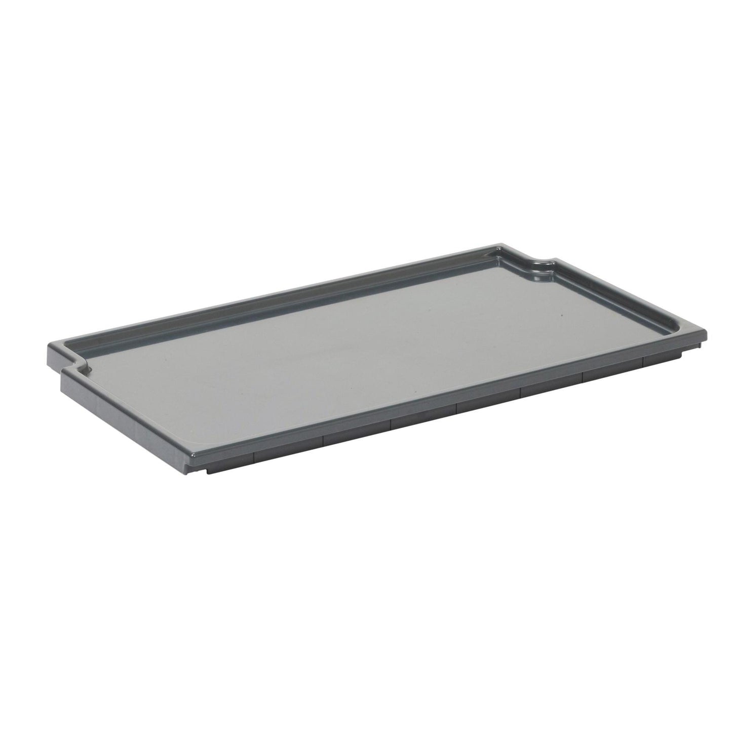 Un plateau rectangulaire gris TASKI de Diversey Deutschland GmbH & Co. OHG, en plastique avec des bords relevés et un coin entaillé, s'adapte à tous les chariots TASKI et est représenté sur un fond blanc (Emballage : 1 pièce).