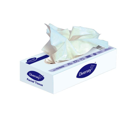 Eine rechteckige Box von umweltzertifizierten Diversey DI Kosmetiktüchern Standardbox, 2-lagig, weiß (100 Stück), mit Tüchern 21 x 21 cm wird von oben entnommen; die überwiegend weiße Box zeigt blaues Branding und Produktinfos.